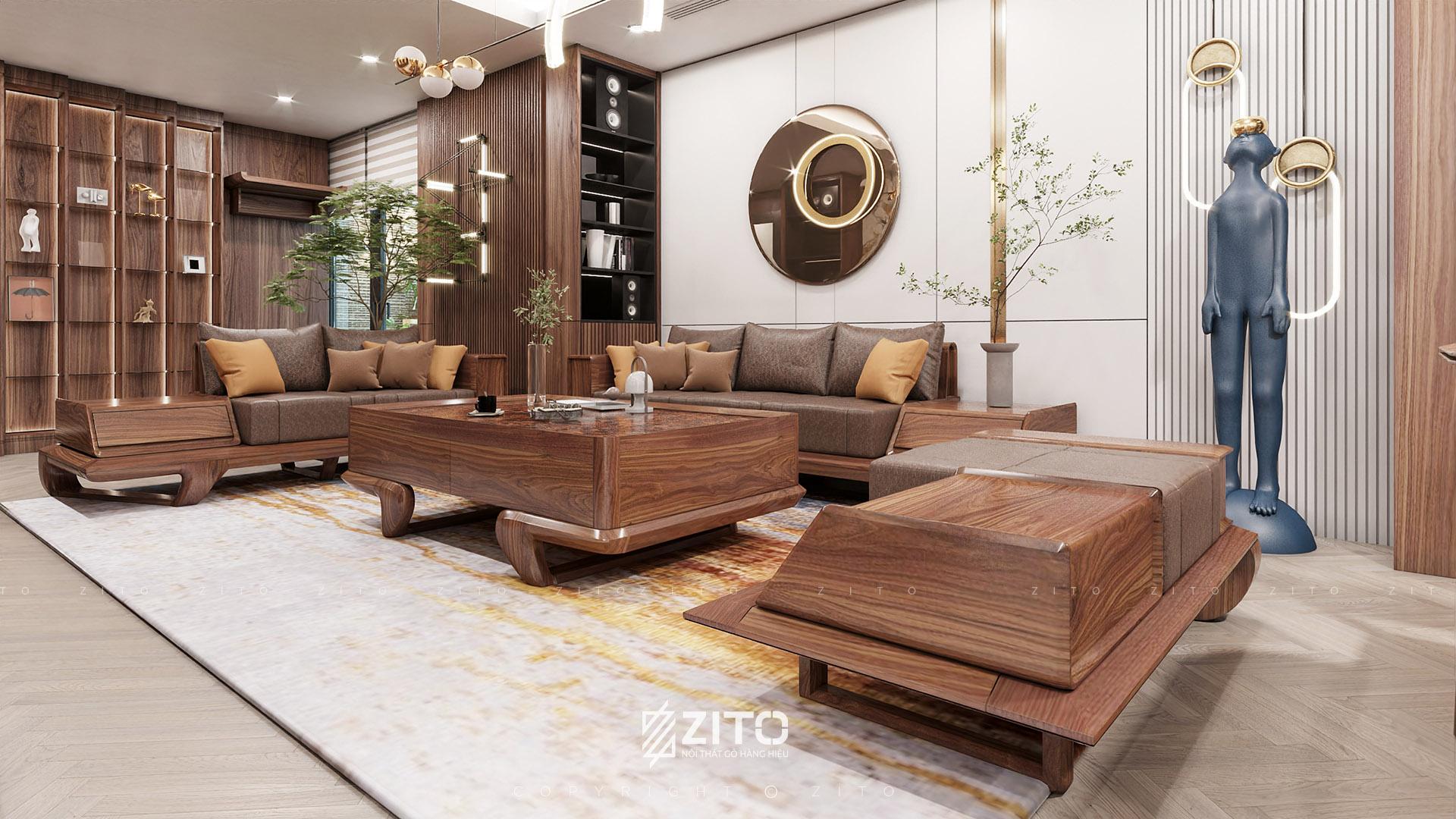 Sofa gỗ chữ U hiện đại cho phòng khách chung cư