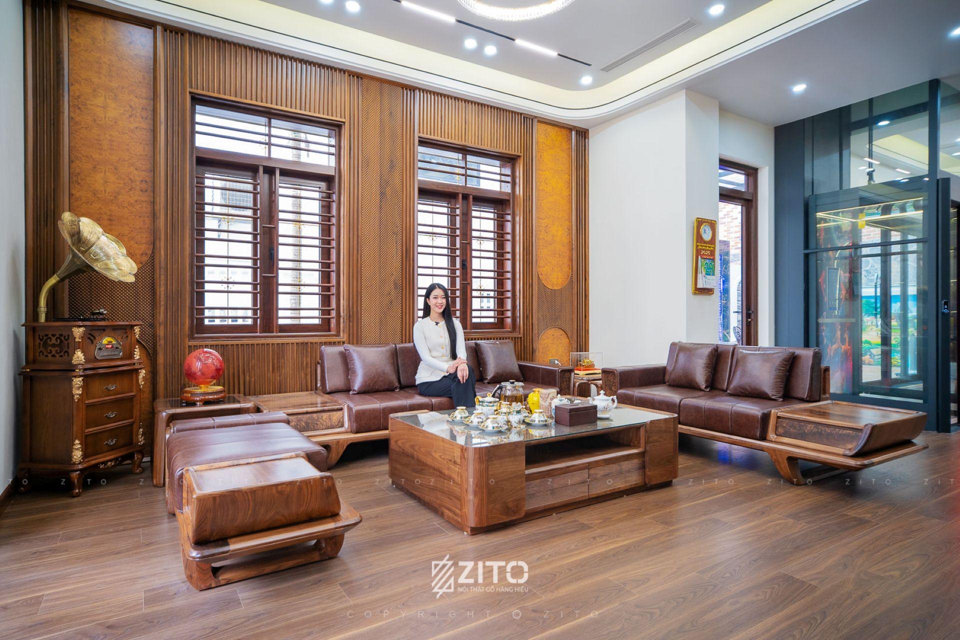 Bàn giao sofa gỗ óc chó phòng khách hiện đại
