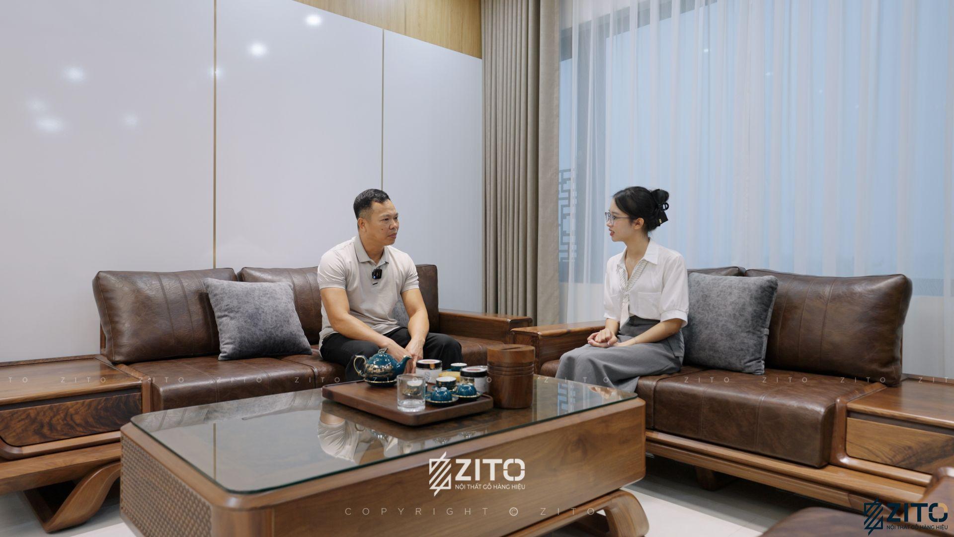 Bàn giao sofa gỗ óc chó ZG 182 nhà phố mặt tiền 16m