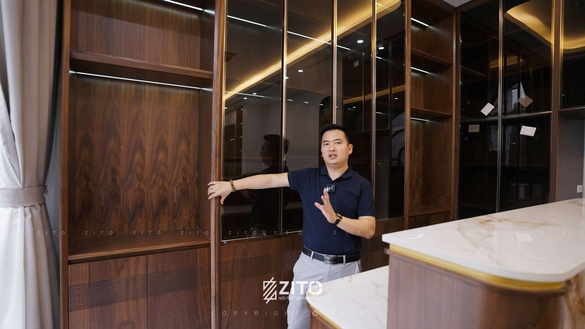 Bàn giao tủ rượu 2in1 gỗ óc chó cho phòng bếp biệt thự