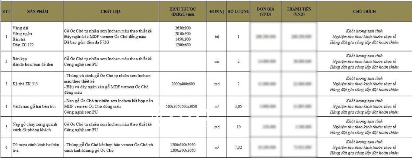 Bảng giá combo trọn gói phòng khách gỗ Óc Chó