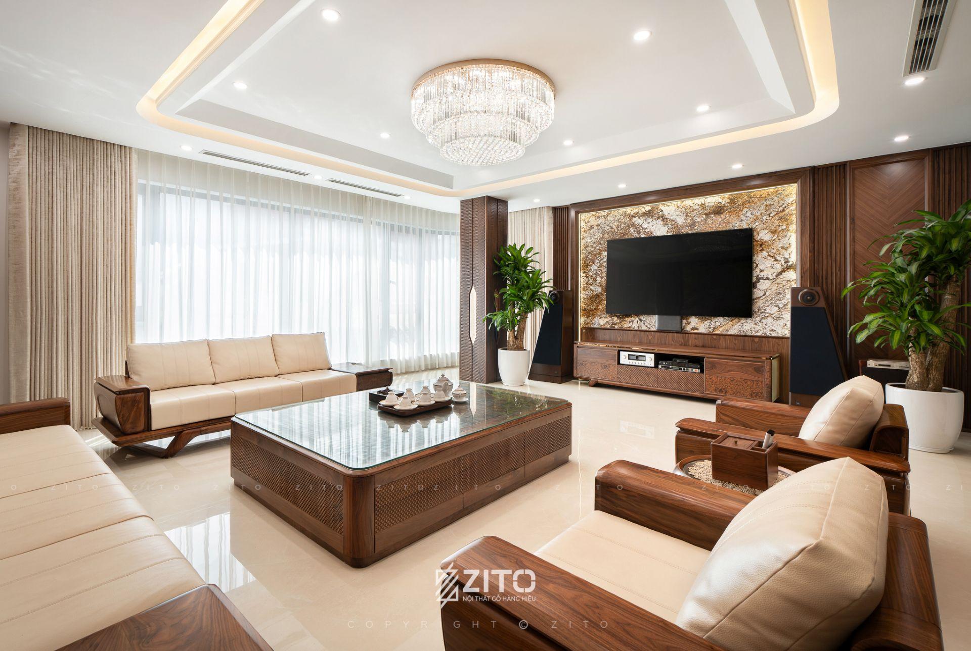 Thi công nội thất gỗ óc chó nhà phố 7 tầng Đống Đa