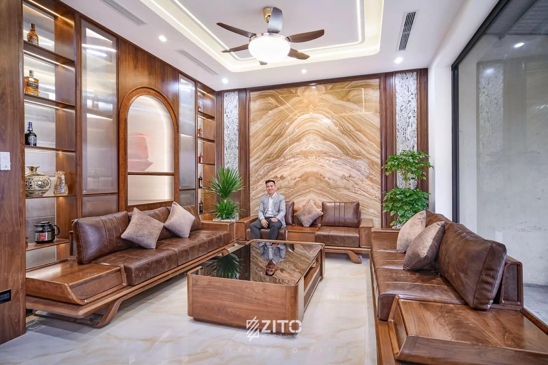 thi công nội thất phòng khách gỗ óc chó Ninh Bình cao cấp