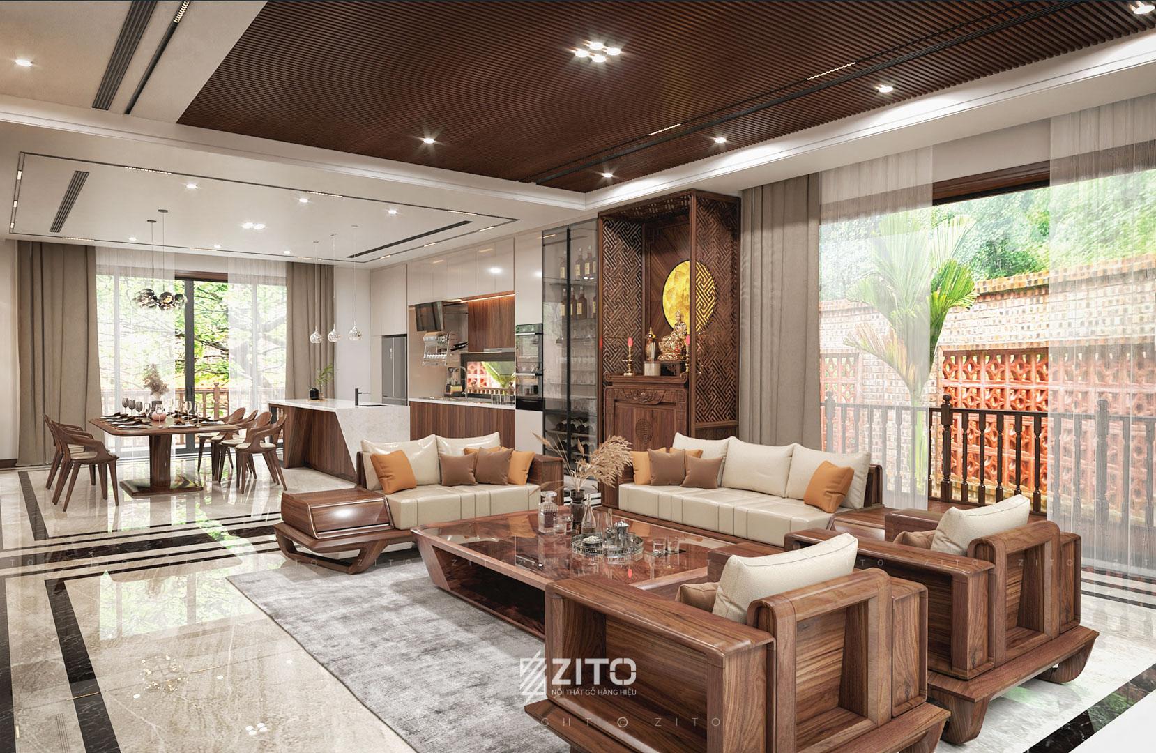 Mẫu thiết kế nội thất biệt thự nhà vườn gỗ óc chó