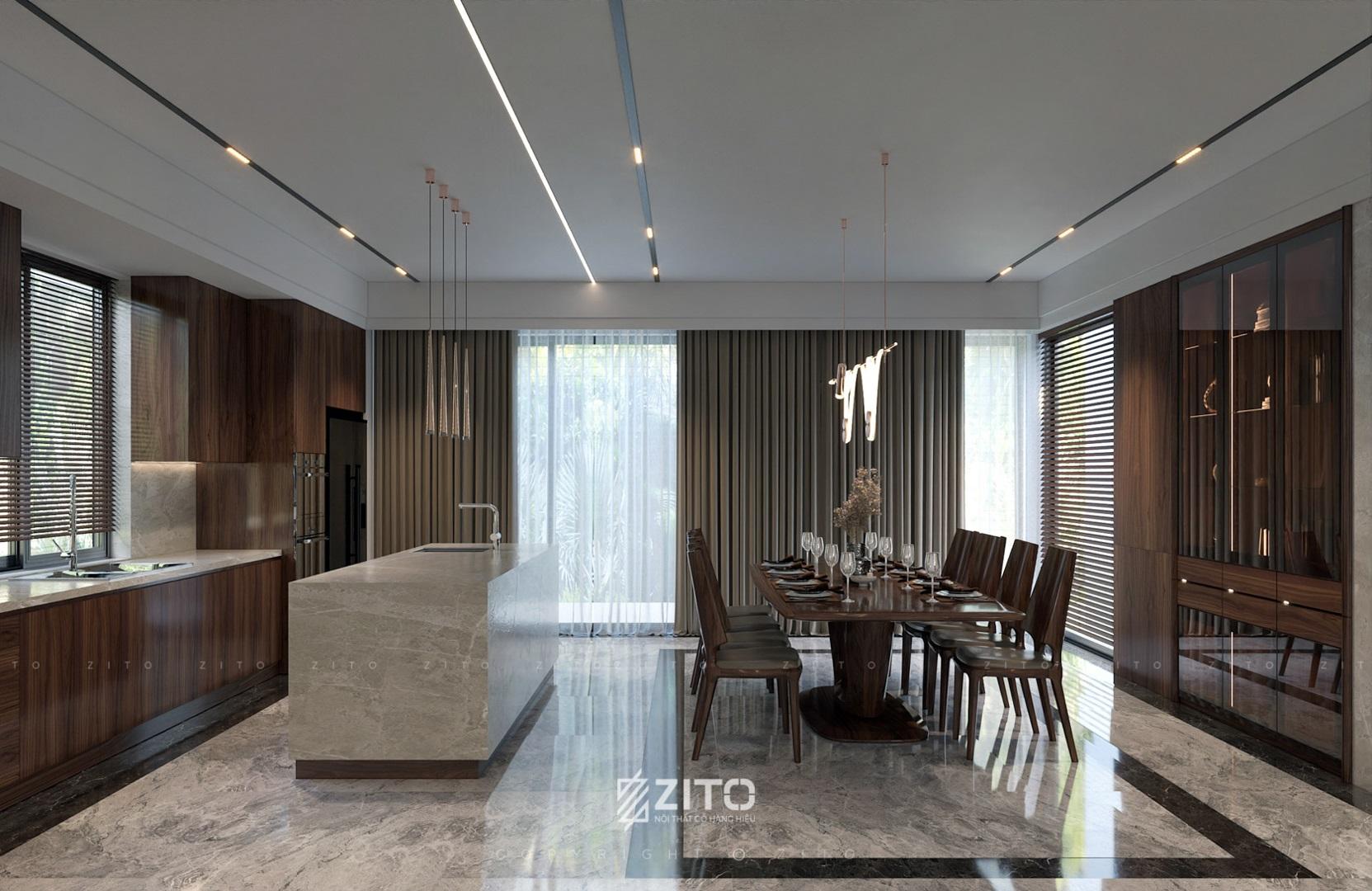 Không gian bếp hiện đại biệt thự gỗ óc chó