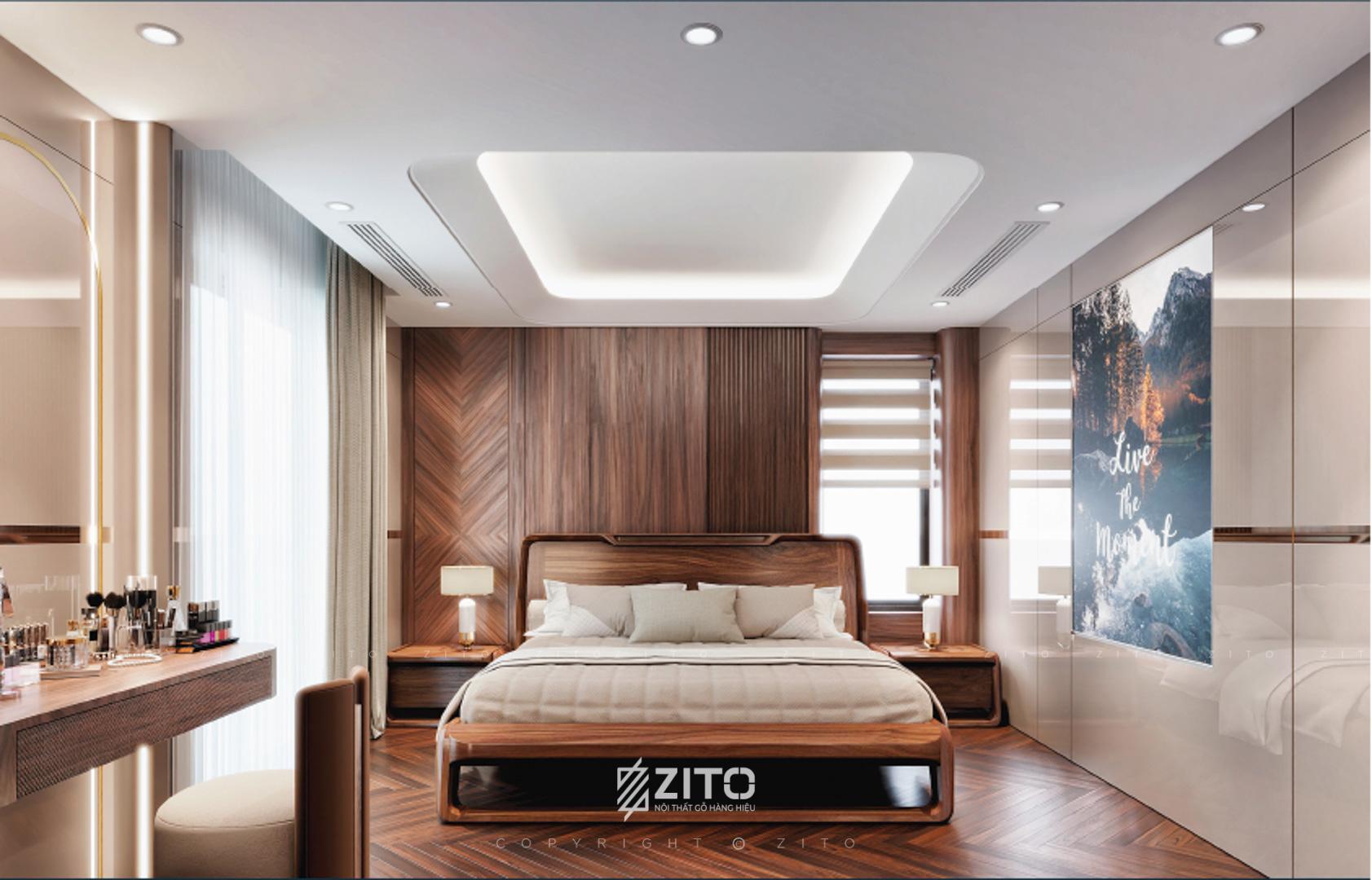 thiết kế nội thất chung cư phòng ngủ gỗ óc chó cao cấp