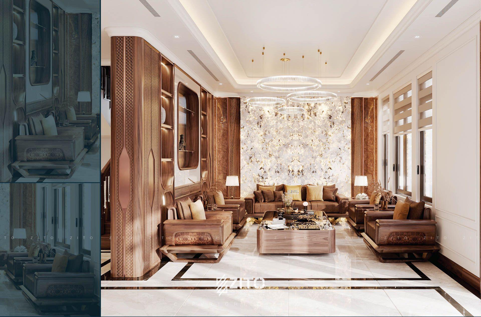 Thiết kế nội thất biệt thự Hưng Yên gỗ óc chó