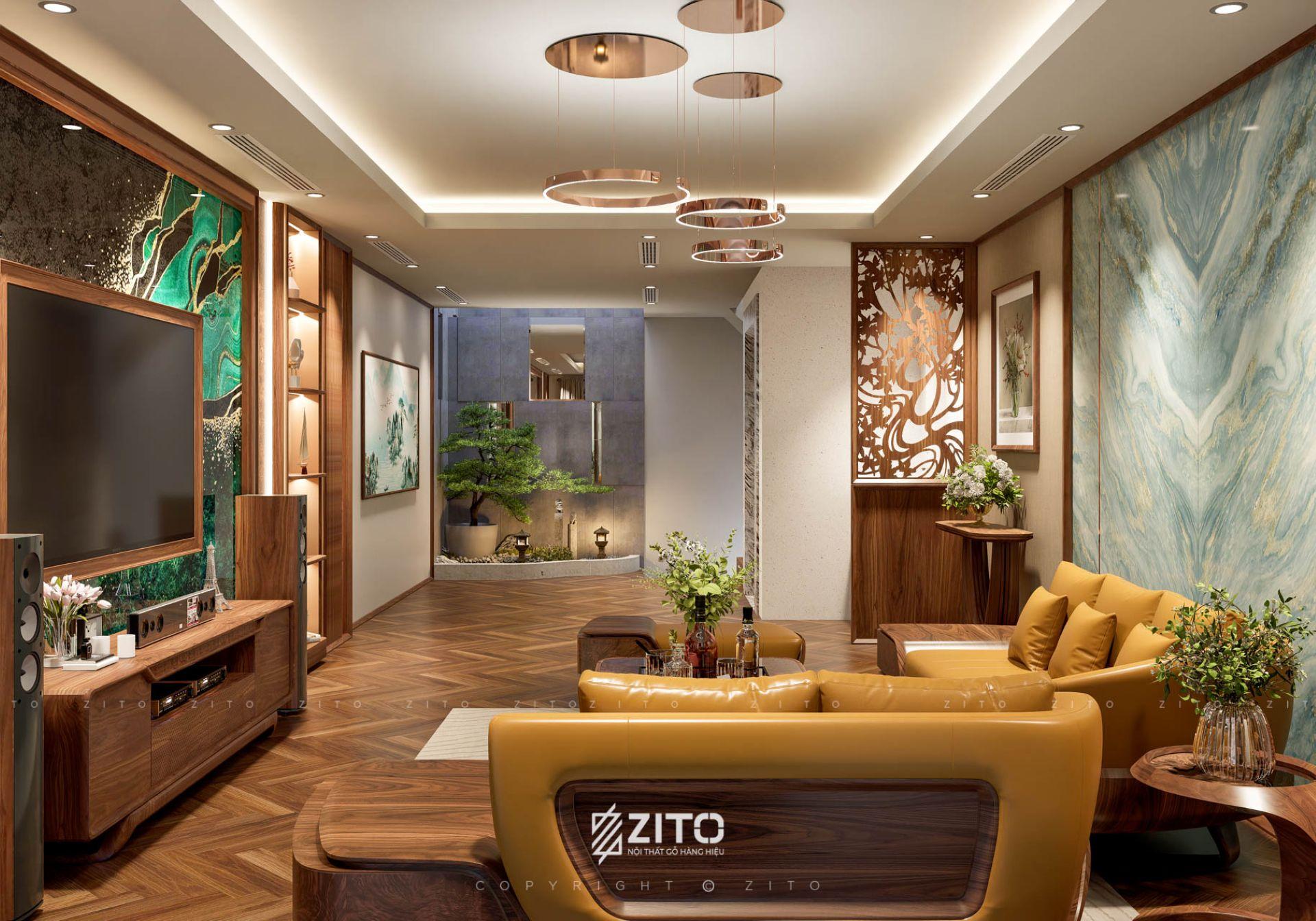 Thiết kế nội thất gỗ óc chó nhà phố Tây Hồ