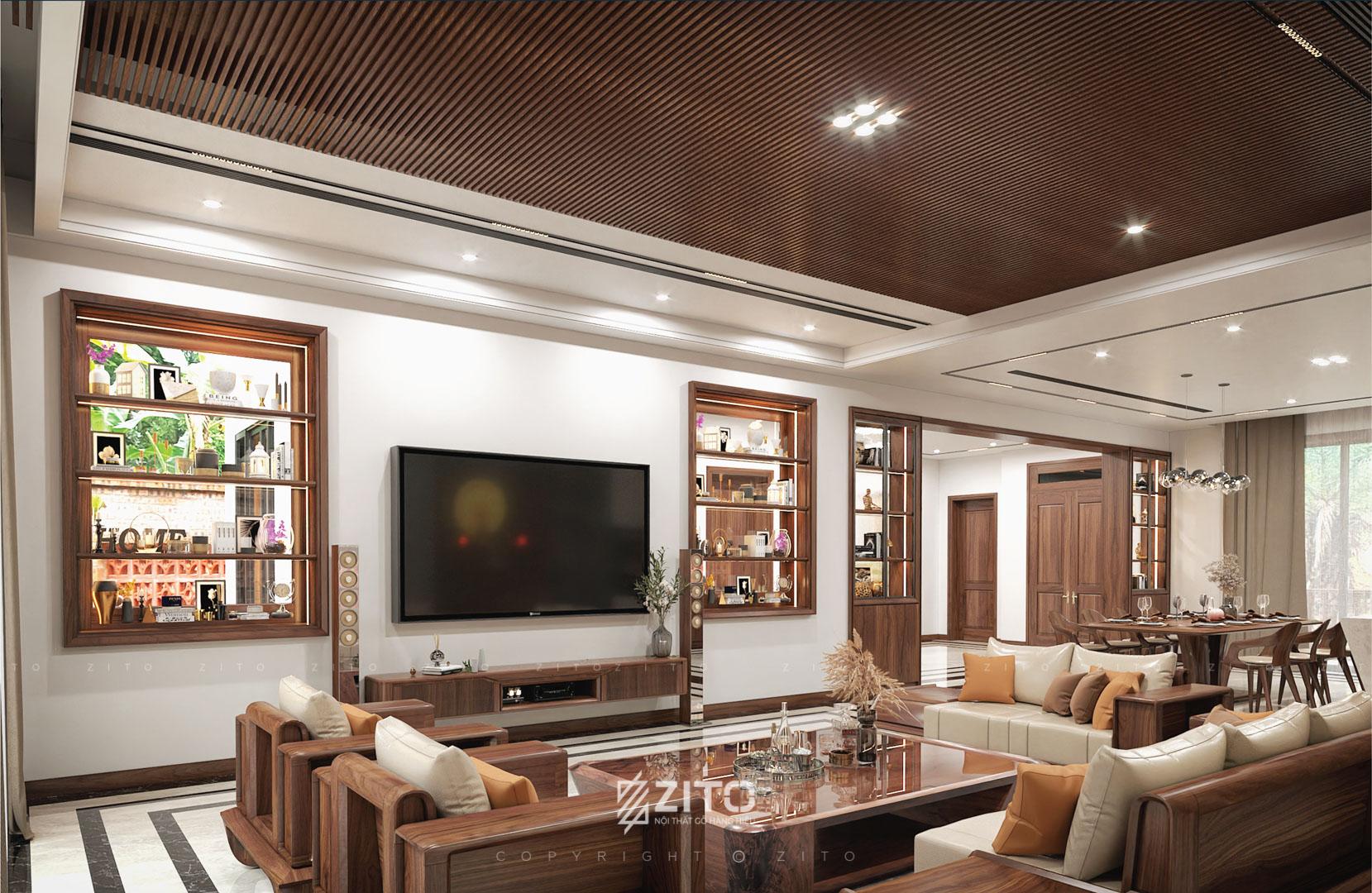Bộ sofa, kệ tivi, vách ốp đều được thiết kế tinh tế, tạo nên không gian tiếp khách thân mật và đẳng cấp