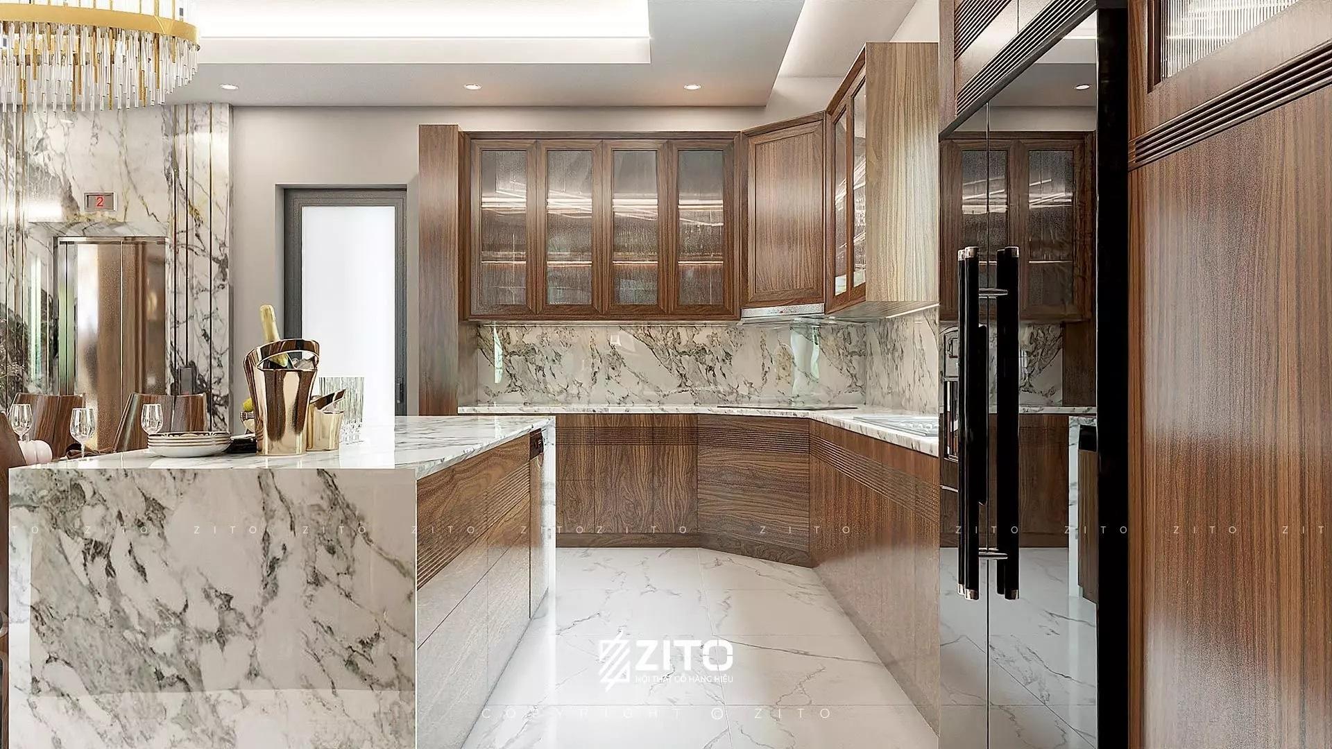 Mẫu tủ bếp gỗ óc chó đá acrylic
